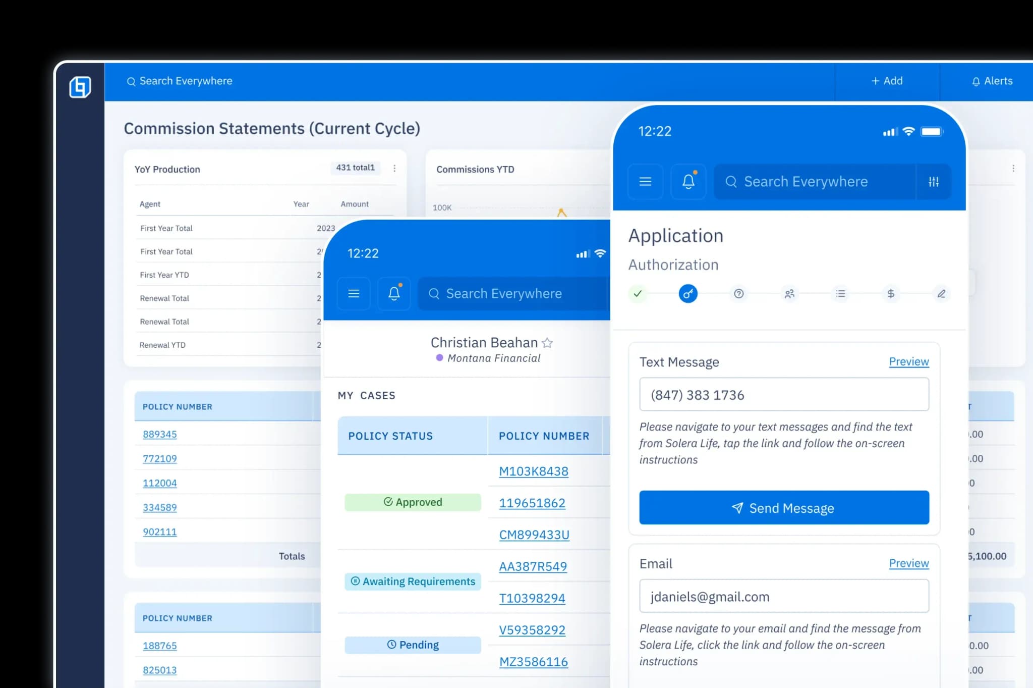 Responsive design screens of an opportunities dashboard in the agent portal, featuring bar charts showing open opportunities by advisor, and a mobile view of an eSignature screen.