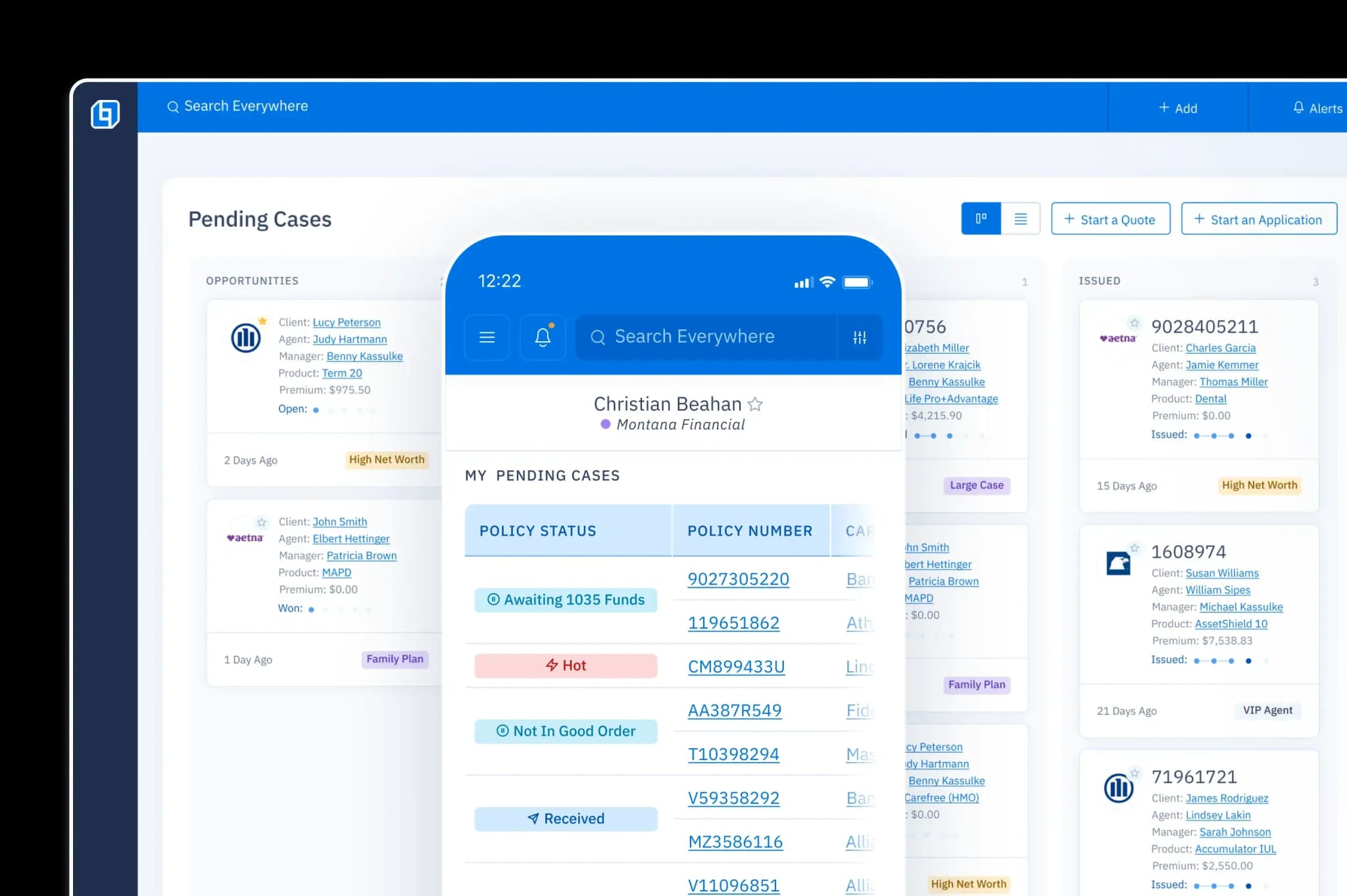 Responsive design screens (desktop, tablet, mobile) of a case management dashboard, showing a pie chart for case statuses and a Kanban board for pending cases.